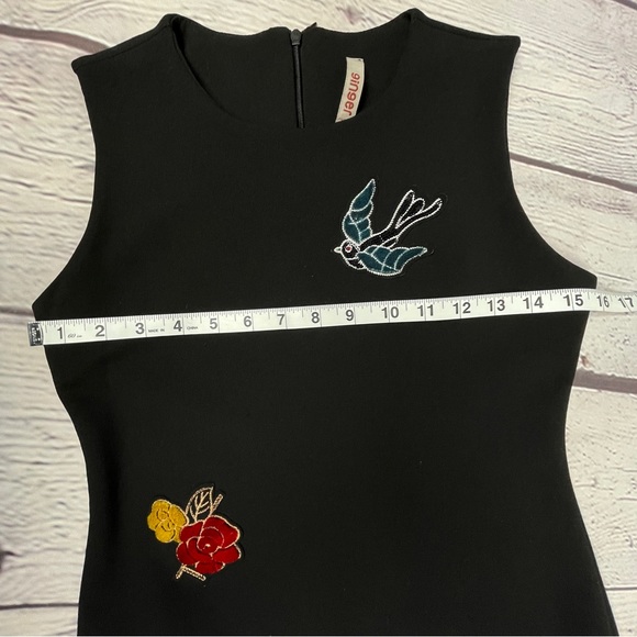 GINGER unique black floral bird embellished sleeveless midi dress, size XXS - Picture 12 of 14